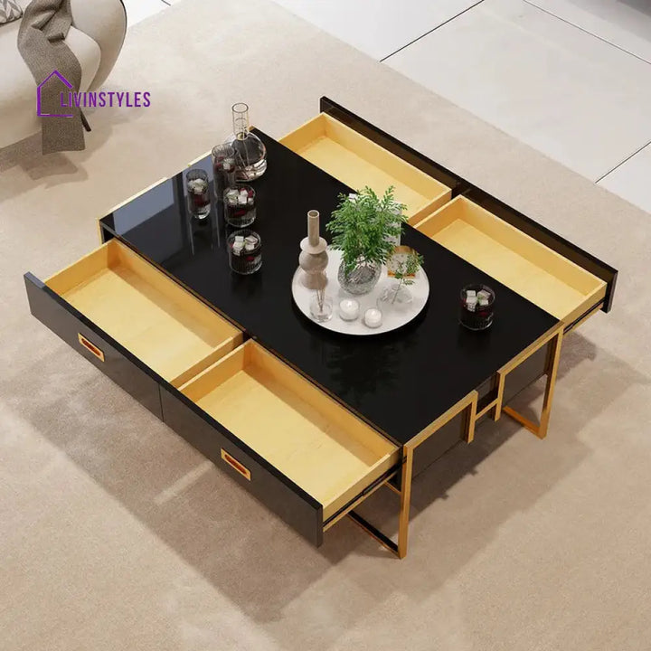 Gauricontemporary Black Rectangular Coffee Table With Drawers Lacquer Gold Base