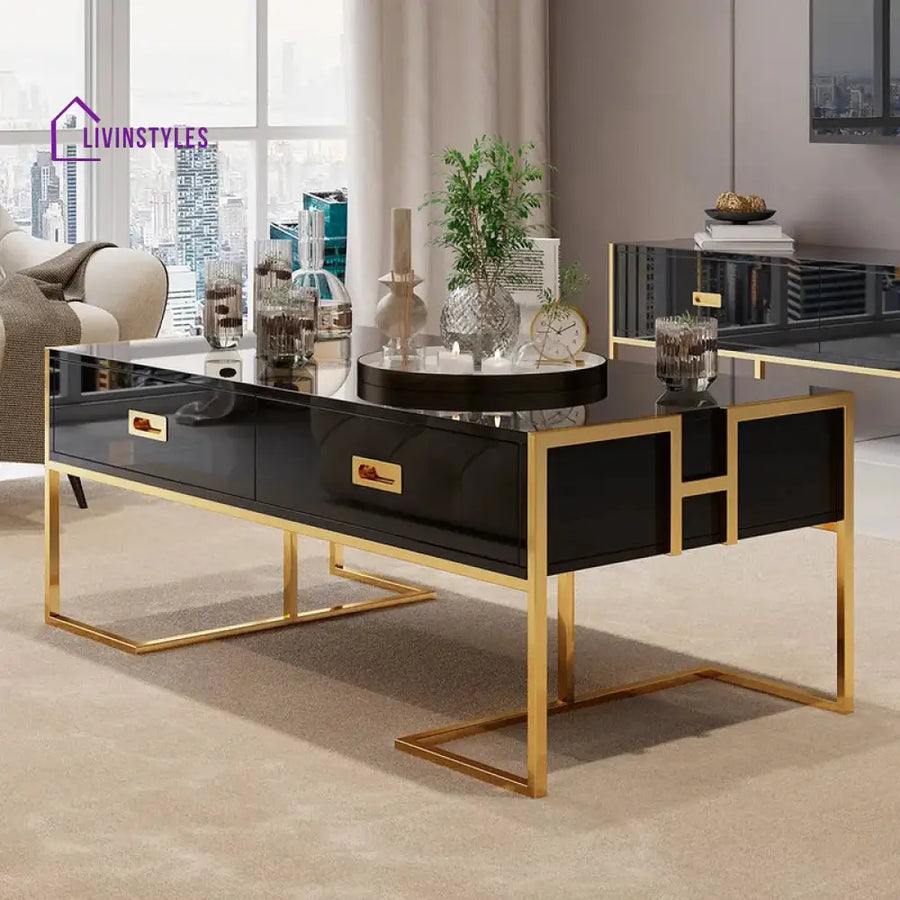 Gauricontemporary Black Rectangular Coffee Table With Drawers Lacquer Gold Base