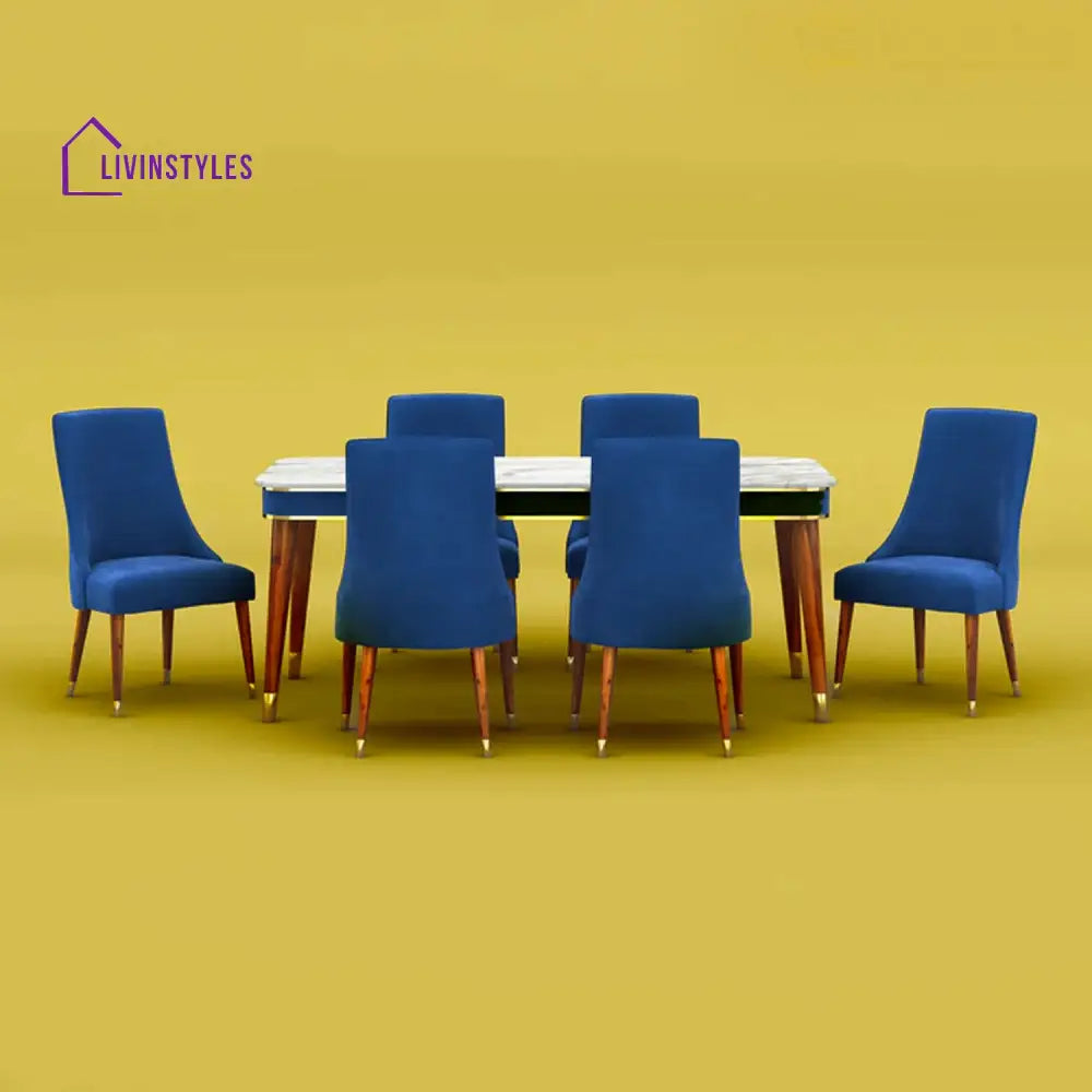 Gautam Marble Top 6 Seater Dining Set (Velvet Royal Blue)