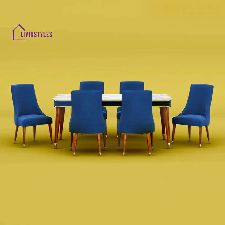 Gautam Marble Top 6 Seater Dining Set (Velvet Royal Blue)