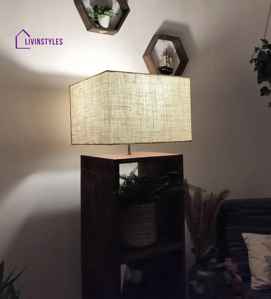 Genevieve Wooden Floor Lamp With Brown Base And Jute Fabric Lampshade Lamps