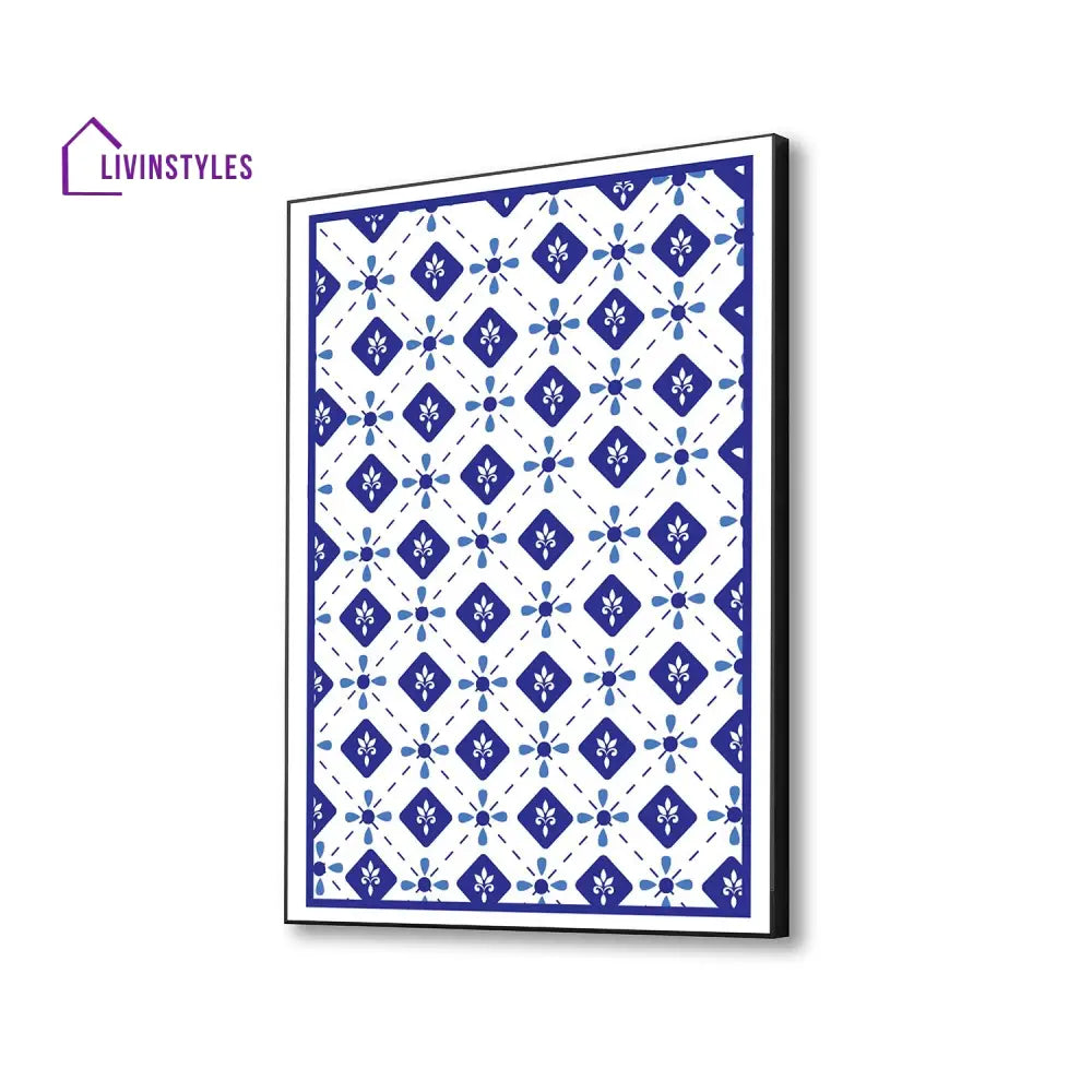 Geometric Blue And White Canvas Wall Painting 16 X 20 Inch / Black Floating Frame