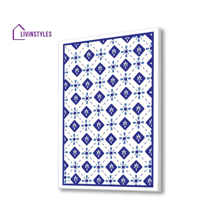 Geometric Blue And White Canvas Wall Painting 16 X 20 Inch / Floating Frame