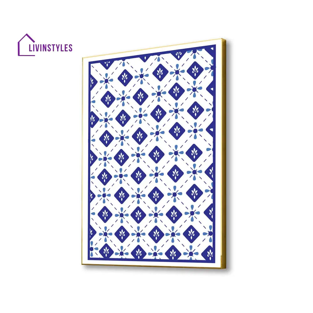 Geometric Blue And White Canvas Wall Painting 16 X 20 Inch / Gold Floating Frame