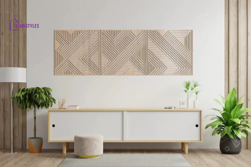 Geometric Lines Panel Set of 3 Wooden Wall Art Decor 25 x 25 cm (9.8 x 9.8 inches) / Beige