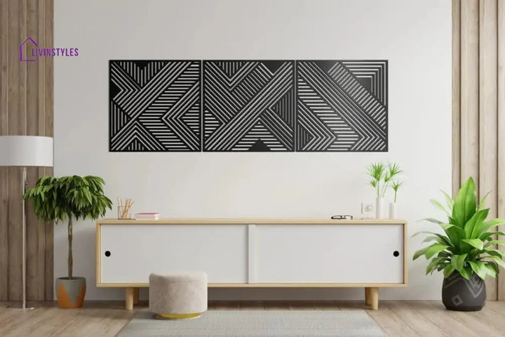 Geometric Lines Panel Set of 3 Wooden Wall Art Decor 25 x 25 cm (9.8 x 9.8 inches) / Black