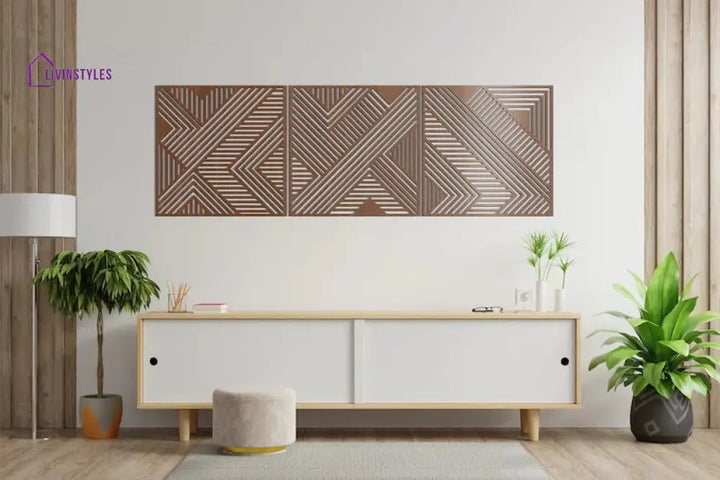 Geometric Lines Panel Set of 3 Wooden Wall Art Decor 25 x 25 cm (9.8 x 9.8 inches) / Walnut