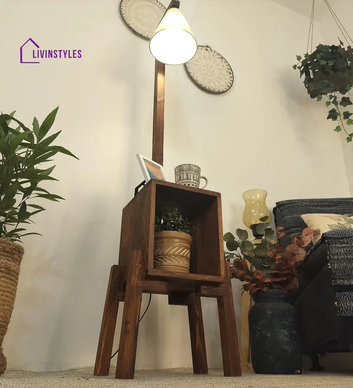 Gerard Wooden Floor Lamp With Brown Base And Jute Fabric Lampshade Lamps