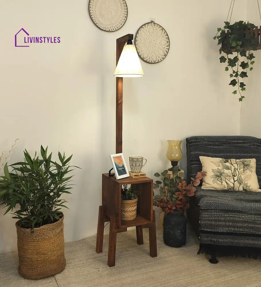 Gerard Wooden Floor Lamp With Brown Base And Jute Fabric Lampshade Lamps