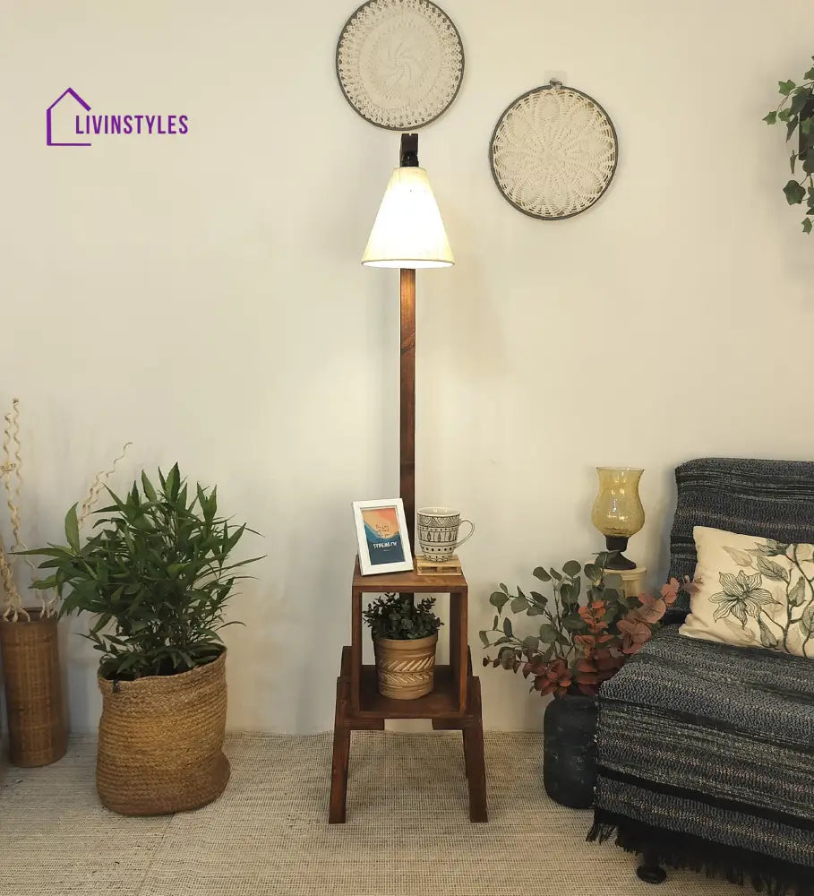 Gerard Wooden Floor Lamp With Brown Base And Jute Fabric Lampshade Lamps