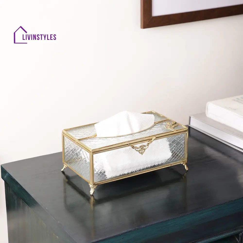 Gleaming Crackle Glass Tissue Box With Antique Brass