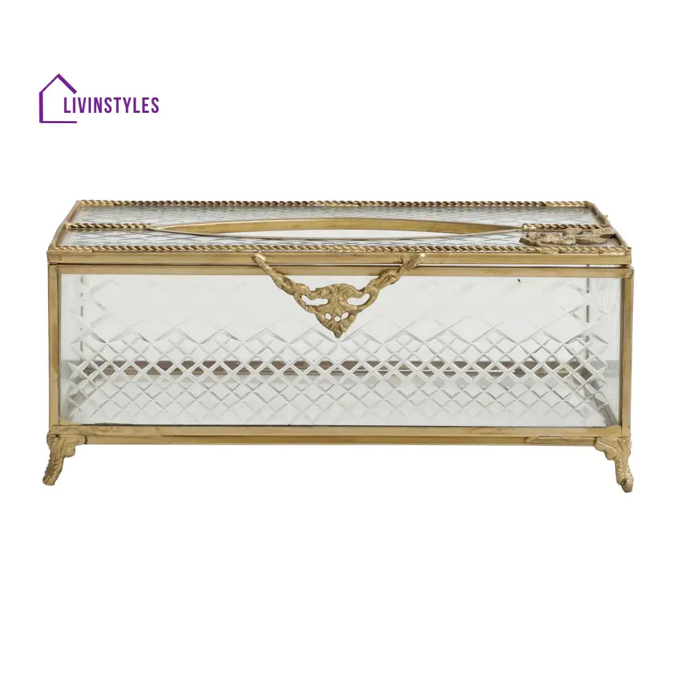 Gleaming Crackle Glass Tissue Box With Antique Brass