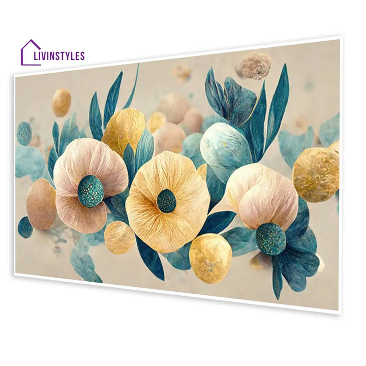 Gold And Blue Floral Contrast Wall Painting