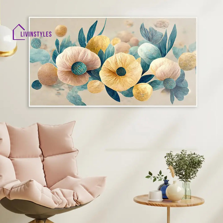 Gold And Blue Floral Contrast Wall Painting