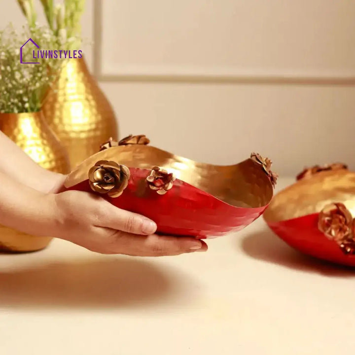 Gold & Rose Boat Design Urli | Red Set Of 2