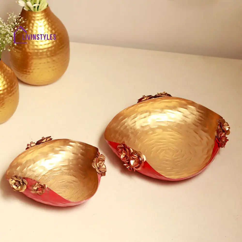 Gold & Rose Boat Design Urli | Red Set Of 2