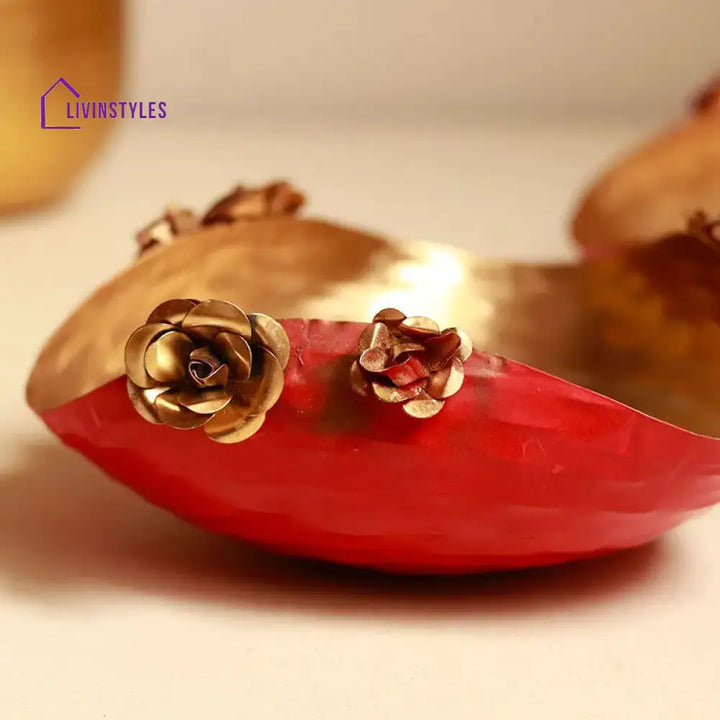 Gold & Rose Boat Design Urli | Red Set Of 2