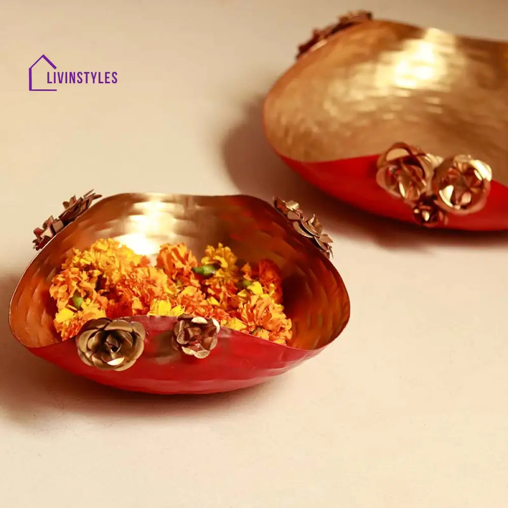 Gold & Rose Boat Design Urli | Red Set Of 2