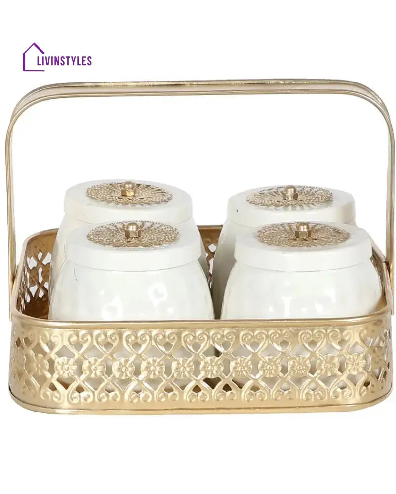 Gold & White Basket With Iron Jar Set Urli