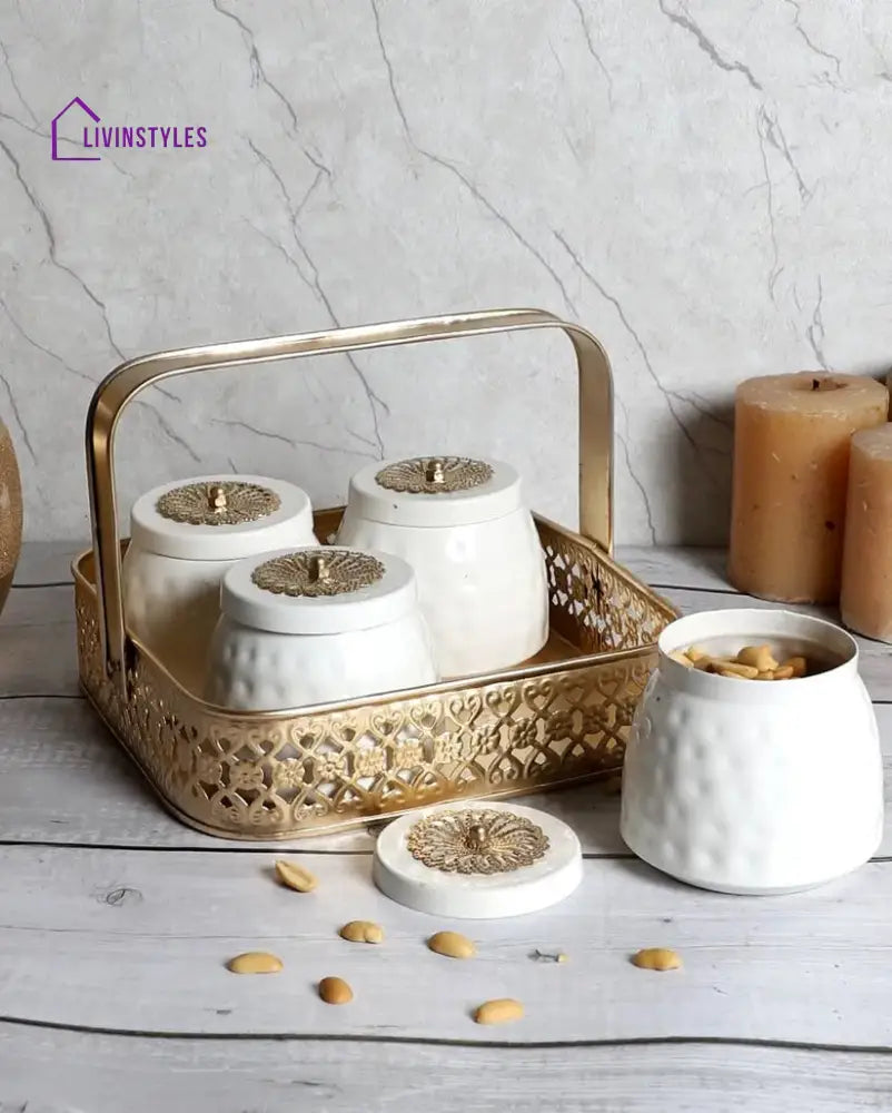 Gold & White Basket With Iron Jar Set Urli