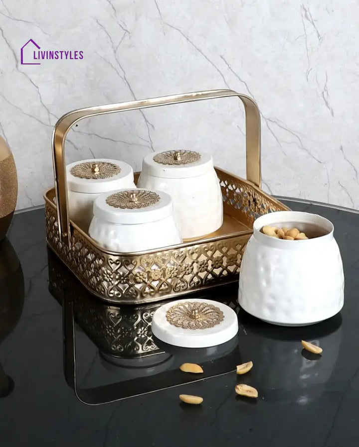 Gold & White Basket With Iron Jar Set Urli