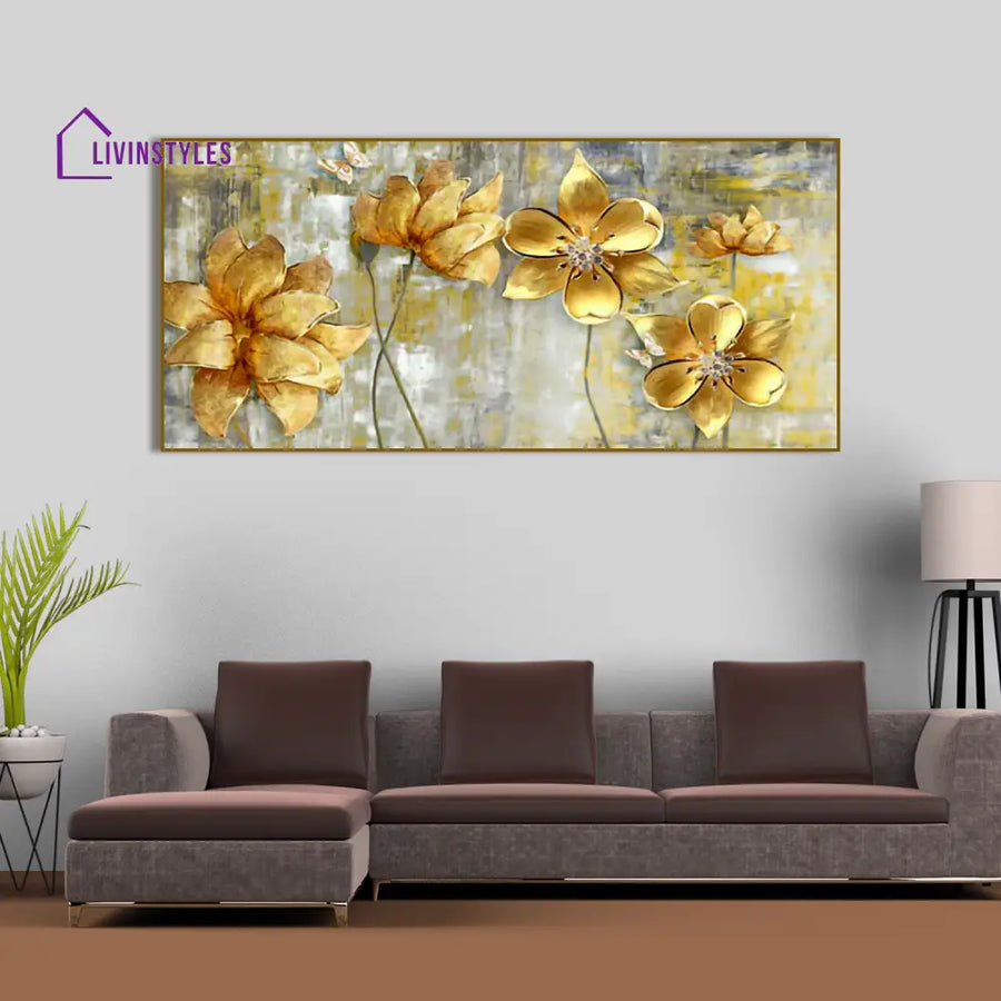 Golden Abstract Flowers Premium Wall Painting