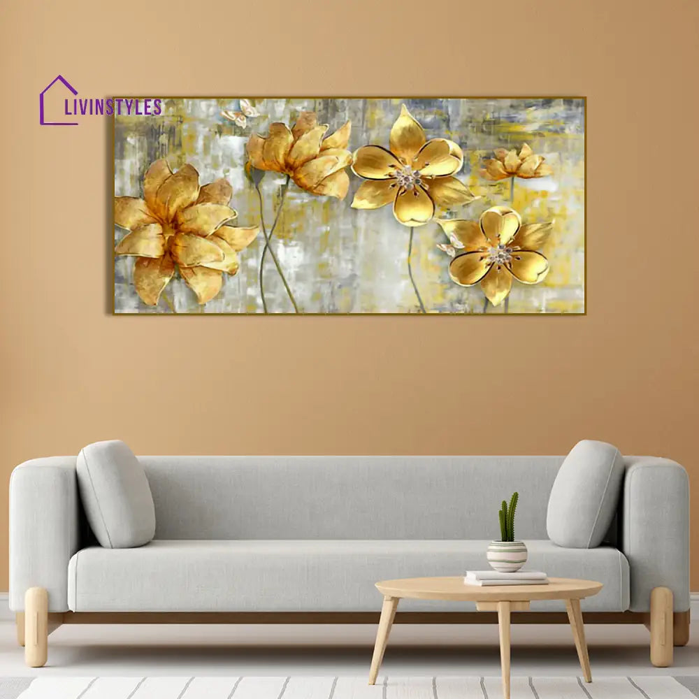 Golden Abstract Flowers Premium Wall Painting