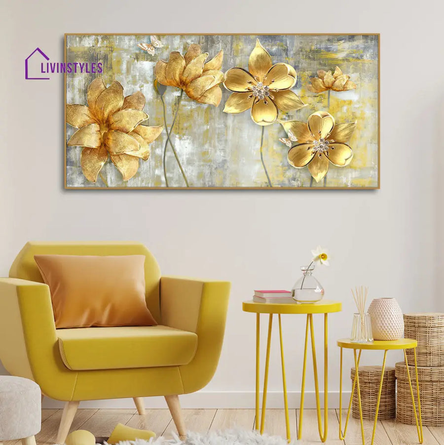 Golden Abstract Flowers Premium Wall Painting