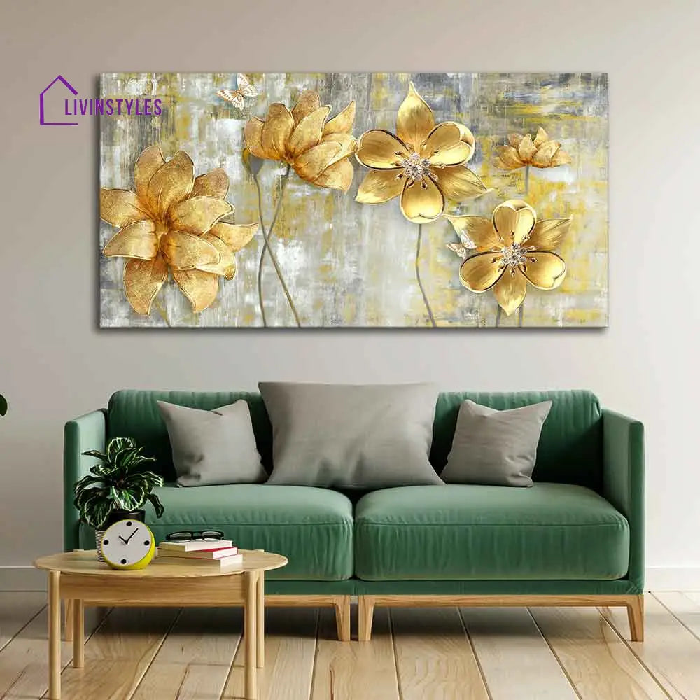 Golden Abstract Flowers Premium Wall Painting Ready To Hang (Fitted With Wood Frame)