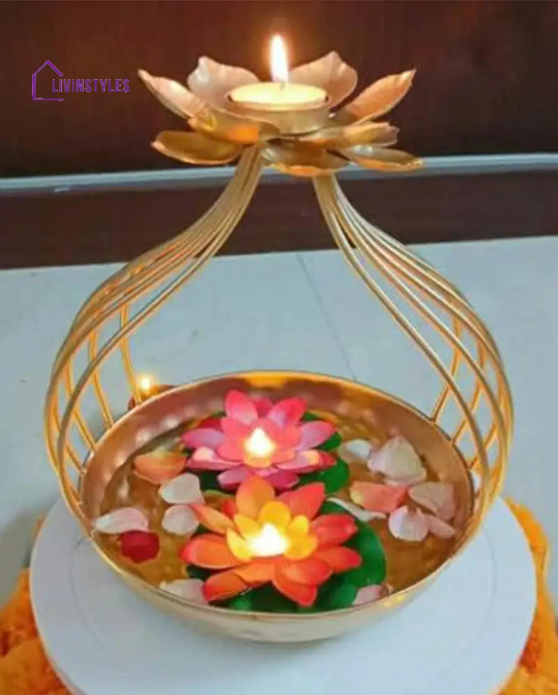 Golden Flower Tealight Candle Holder Urli | 6 X 10 Inches