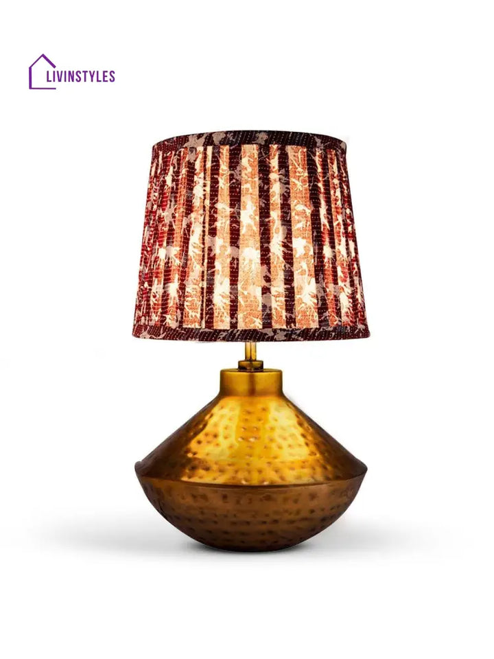 Golden Hammered Urn Lamp With Pleeted Multicolor Maroon Shade