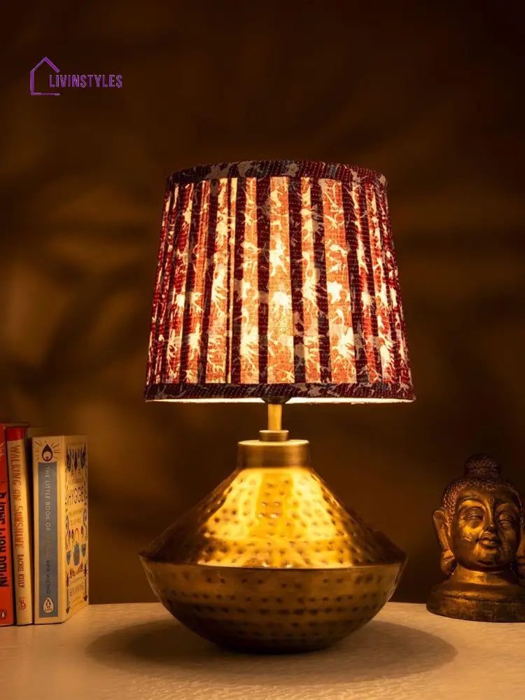 Golden Hammered Urn Lamp With Pleeted Multicolor Maroon Shade