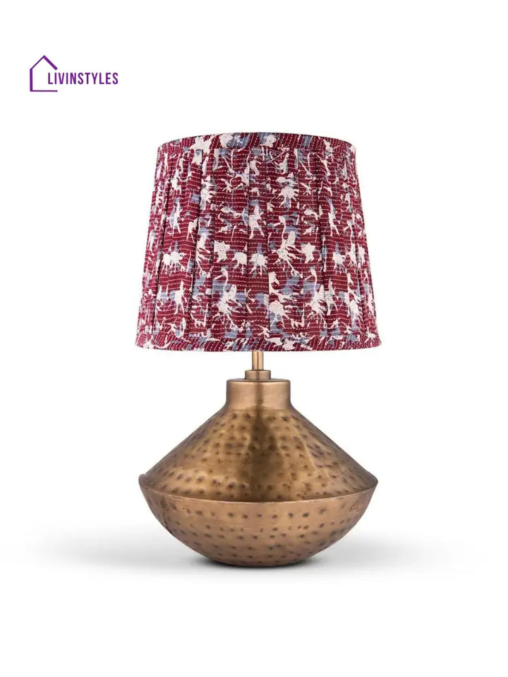 Golden Hammered Urn Lamp With Pleeted Multicolor Maroon Shade