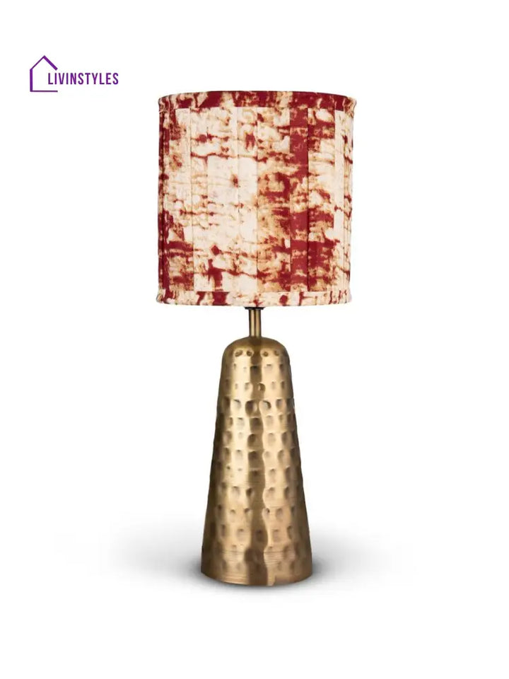 Golden Hammered V-Shaped Lamp With Pleeted Muticolor Maroon Shade