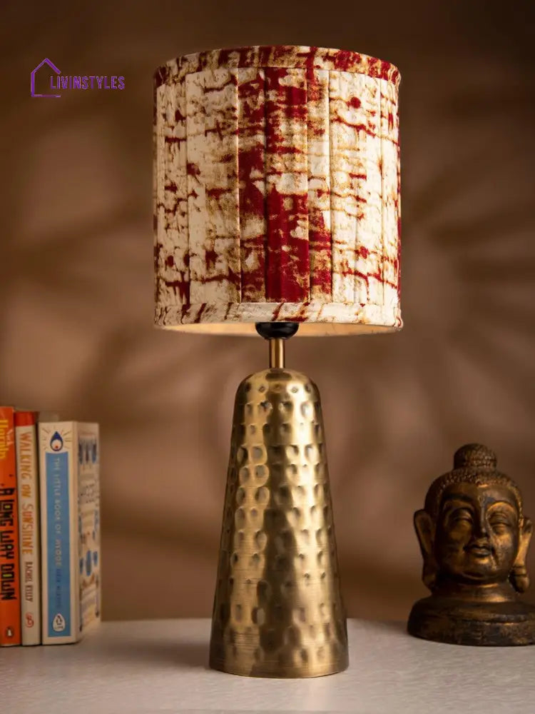 Golden Hammered V-Shaped Lamp With Pleeted Muticolor Maroon Shade