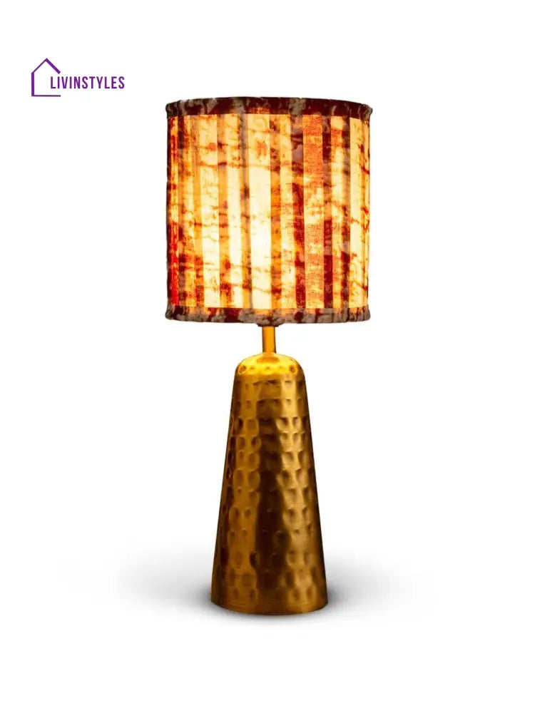 Golden Hammered V-Shaped Lamp With Pleeted Muticolor Maroon Shade