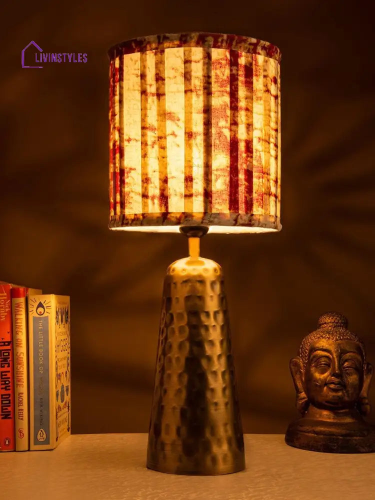 Golden Hammered V-Shaped Lamp With Pleeted Muticolor Maroon Shade