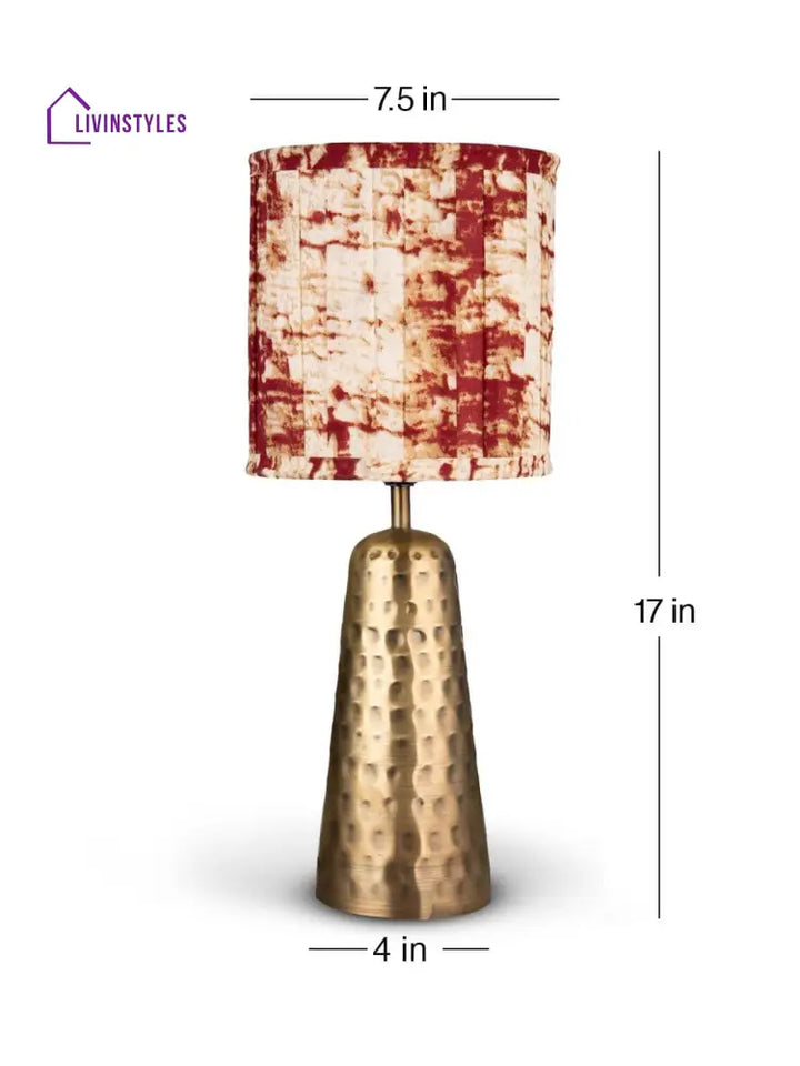 Golden Hammered V-Shaped Lamp With Pleeted Muticolor Maroon Shade