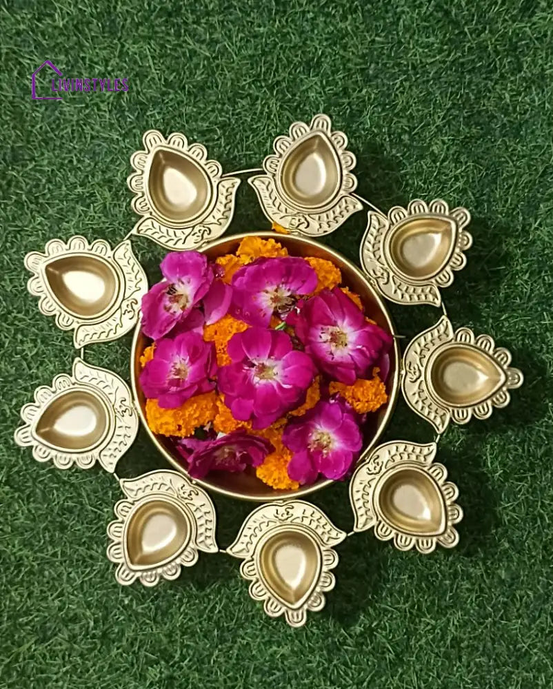 Golden Iron Urli With Attached Diyas