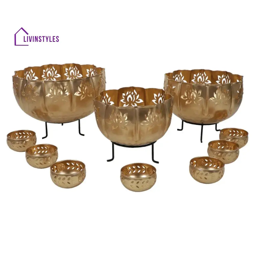 Golden Large Lotus Urli Bowls | Set Of 10