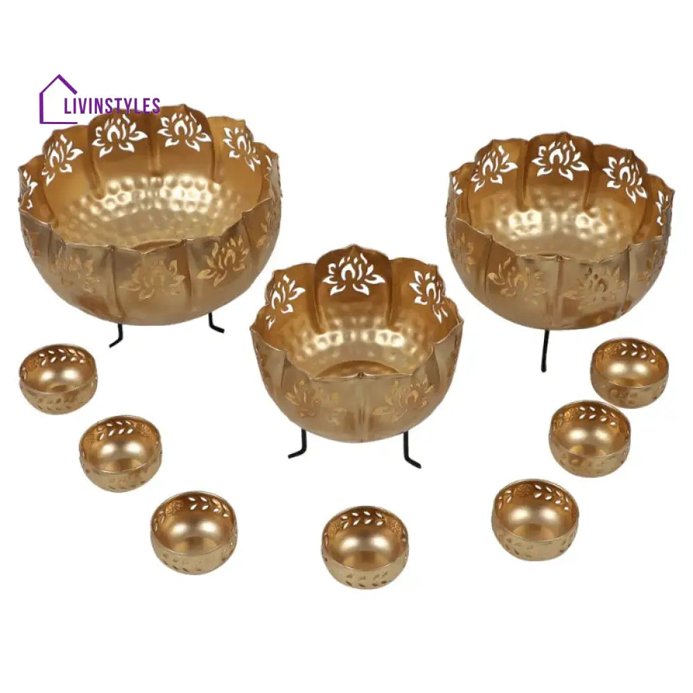 Golden Large Lotus Urli Bowls | Set Of 10