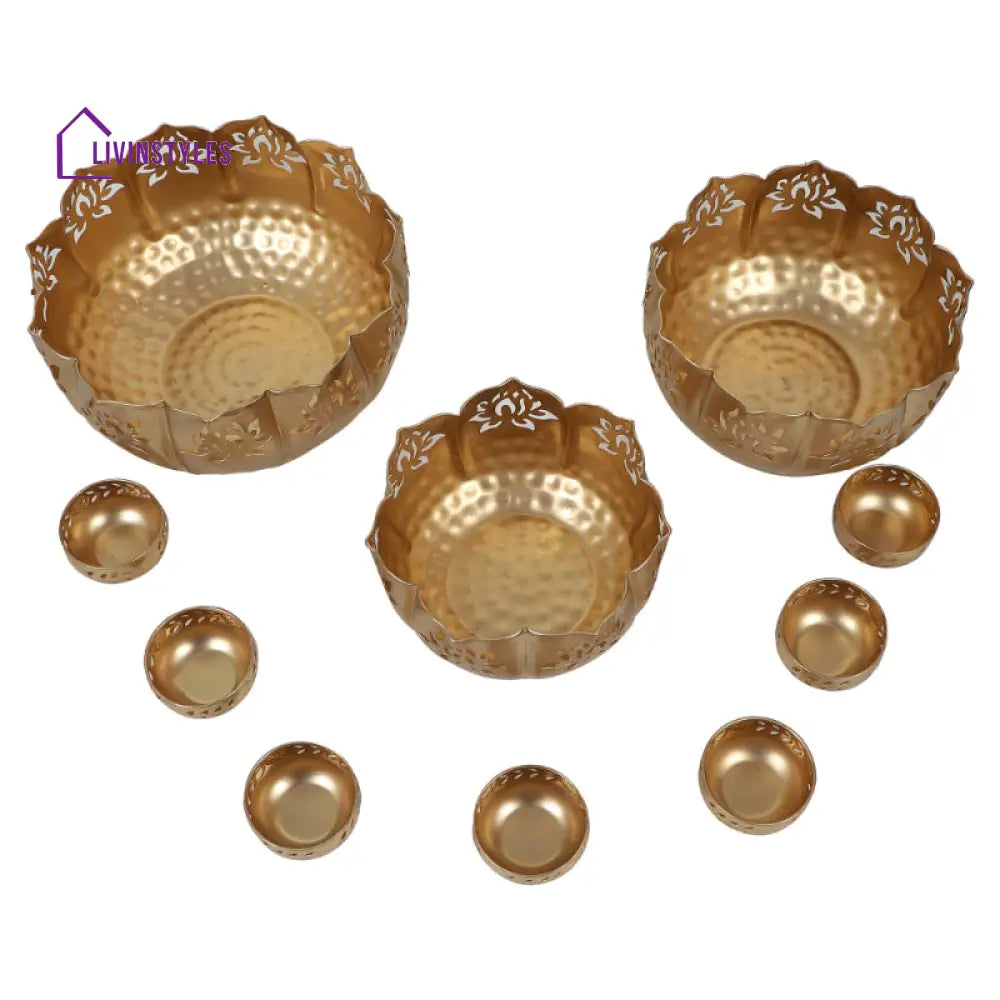 Golden Large Lotus Urli Bowls | Set Of 10