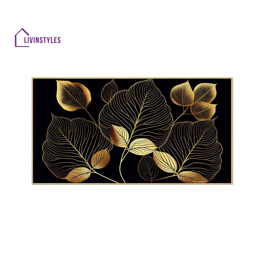 Golden Leaves On Black Canvas Wall Painting