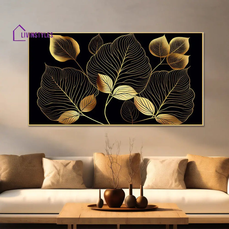 Golden Leaves On Black Canvas Wall Painting