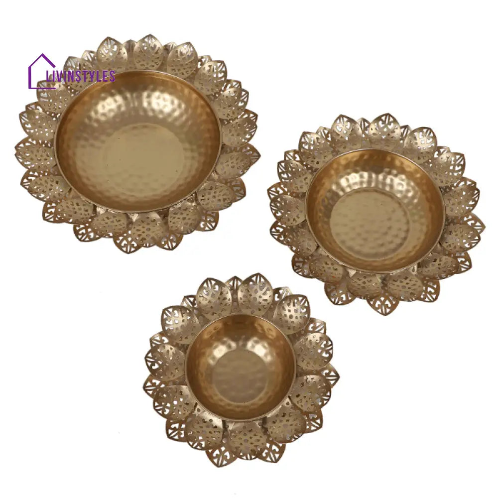 Golden Lotus Flower Cut Metal Urli | Gold Set Of 3