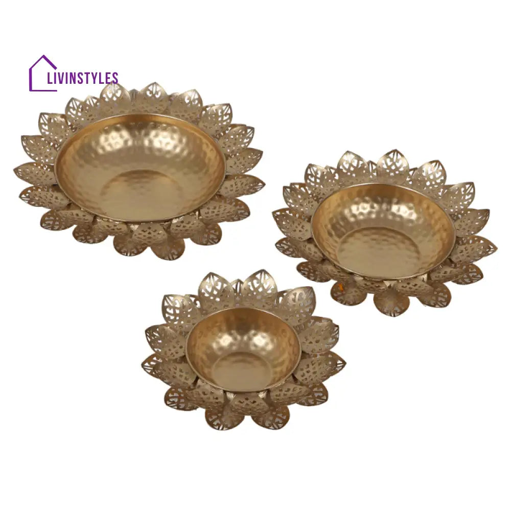 Golden Lotus Flower Cut Metal Urli | Gold Set Of 3