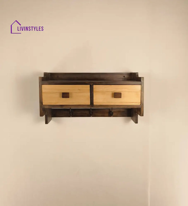 Golden Oak Wooden Wall Shelf With Drawers & Key Holders Organiser