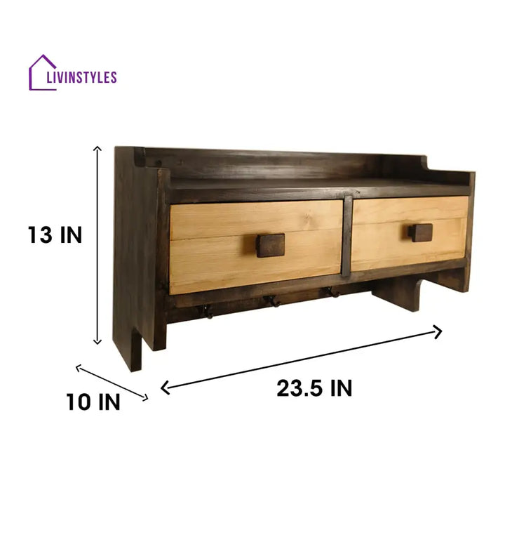 Golden Oak Wooden Wall Shelf With Drawers & Key Holders Organiser