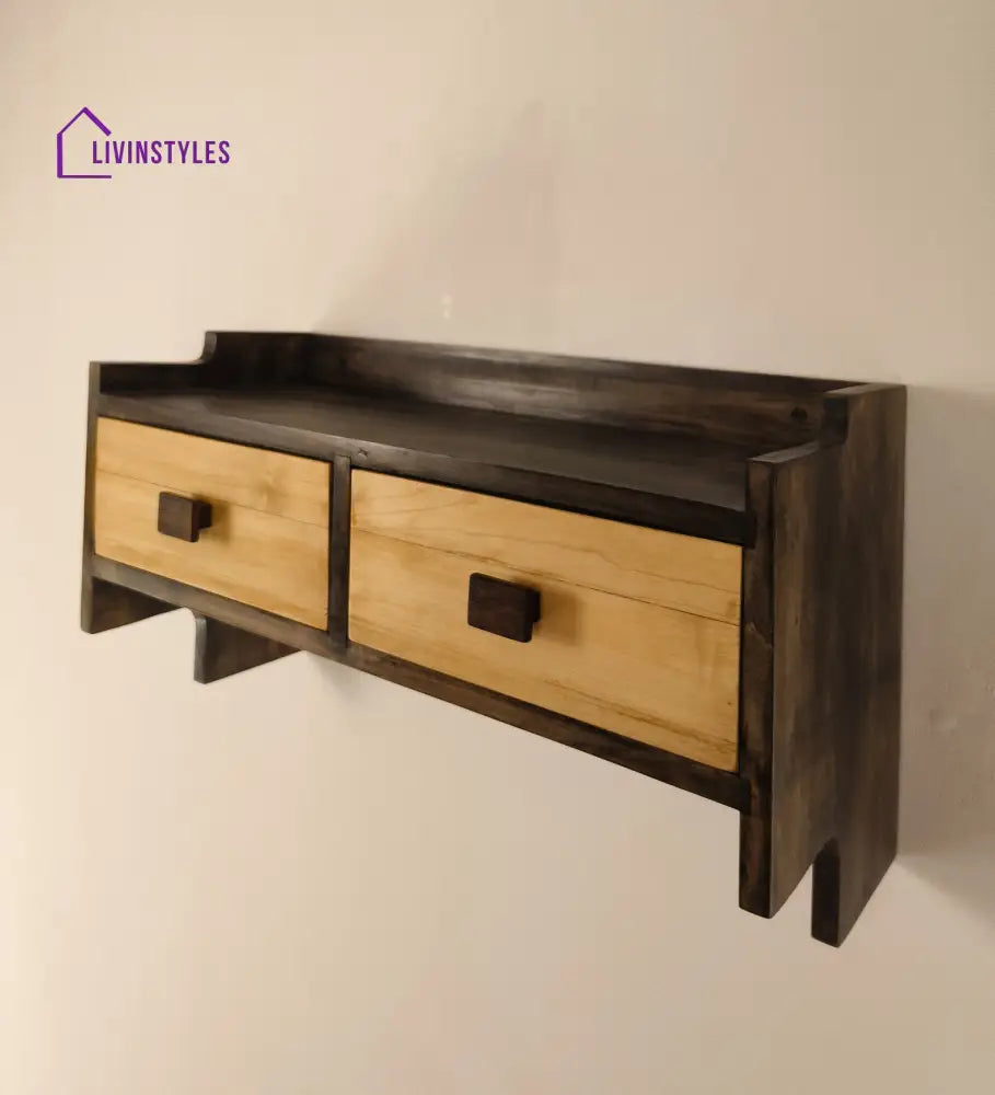 Golden Oak Wooden Wall Shelf With Drawers & Key Holders Organiser