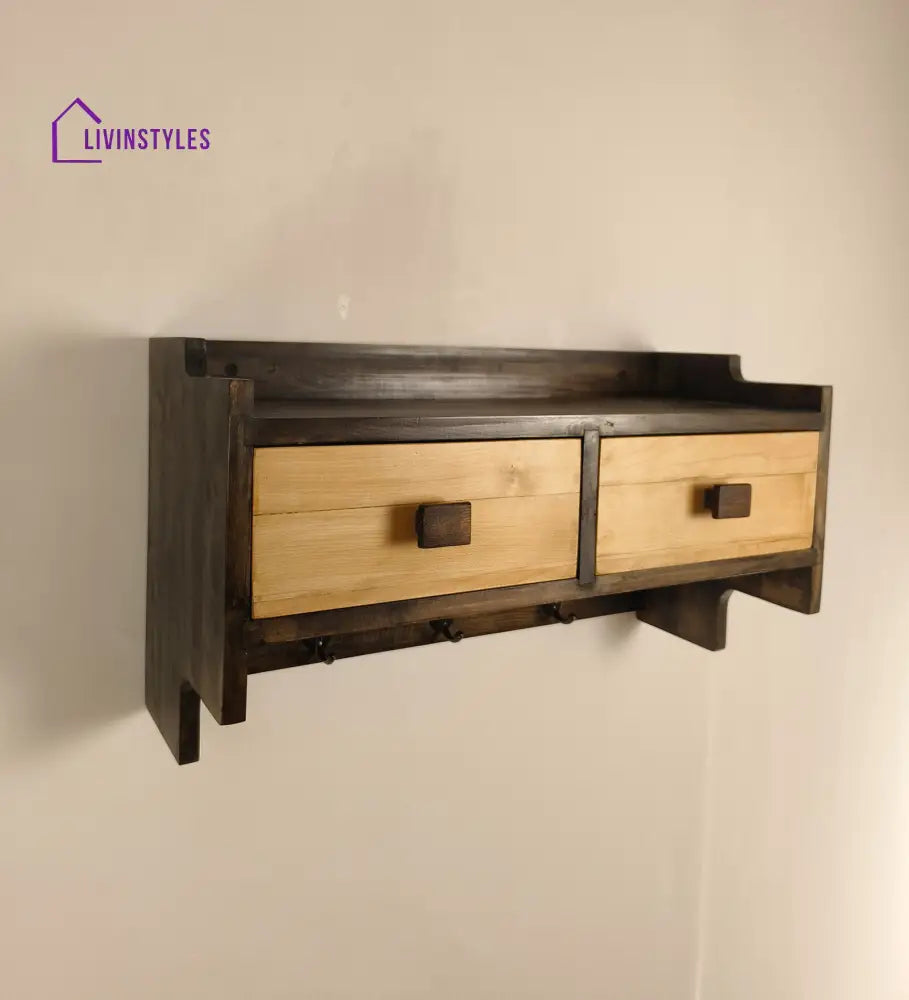 Golden Oak Wooden Wall Shelf With Drawers & Key Holders Organiser